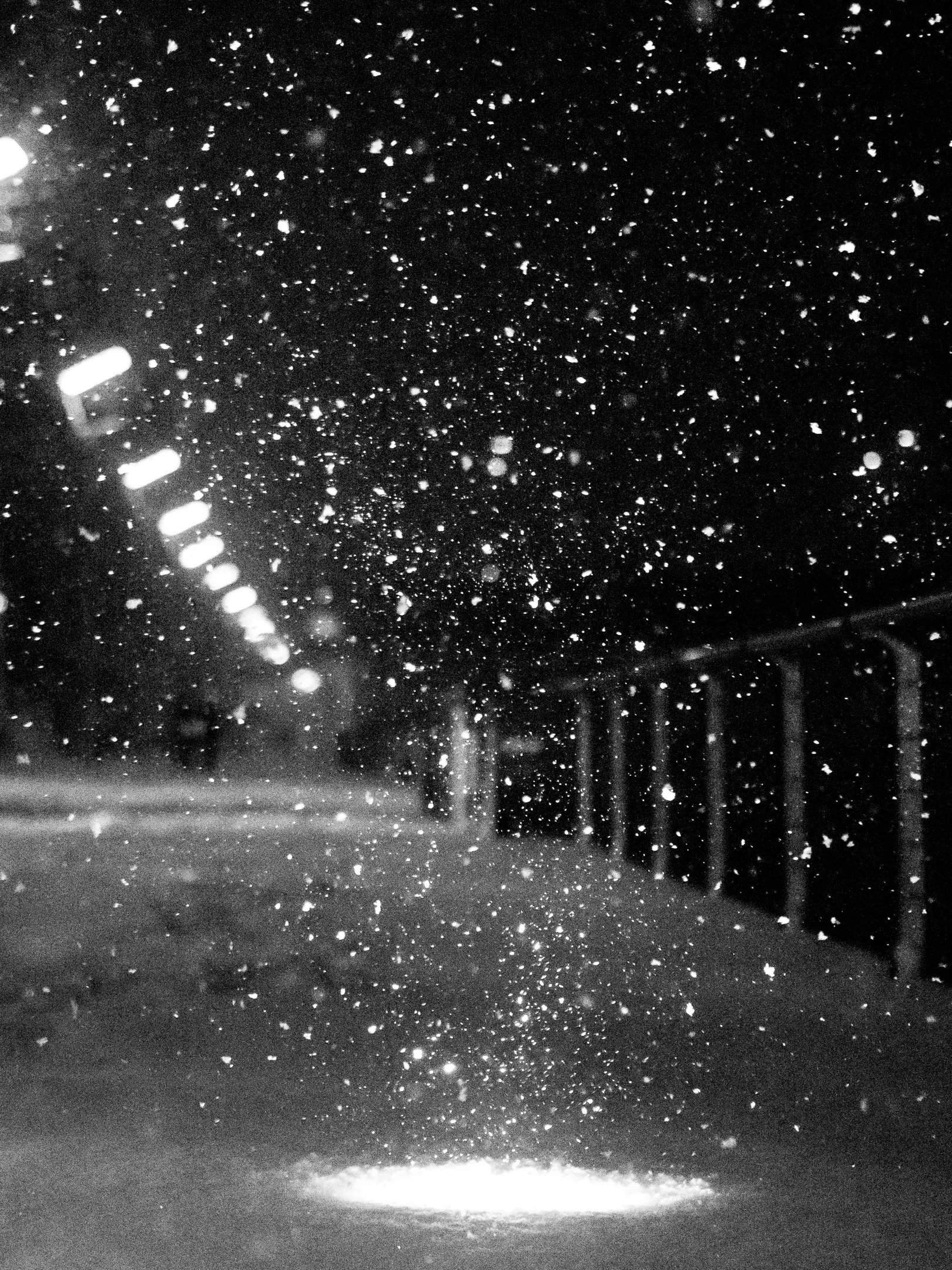Snow falling at night, illuminated by streetlights.