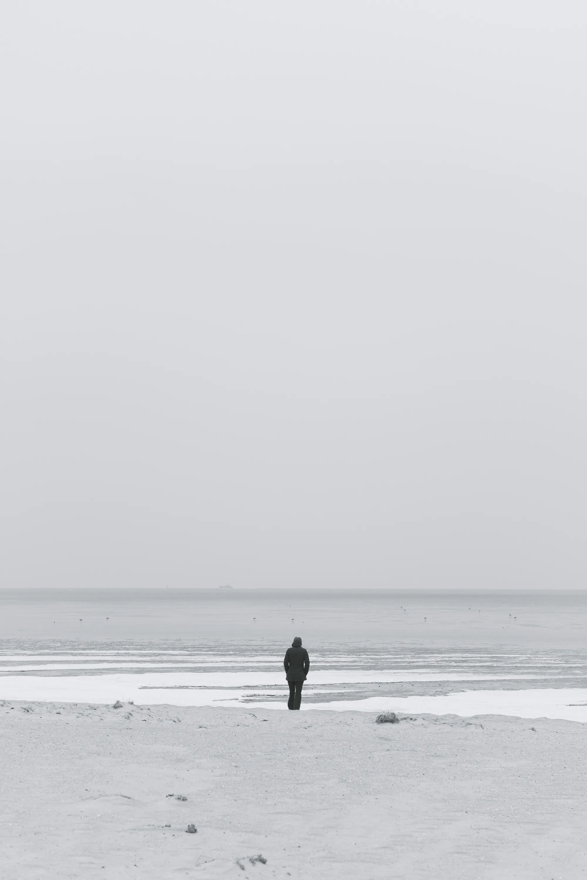 A solitary figure stands on a vast, empty beach with the ocean in the background.