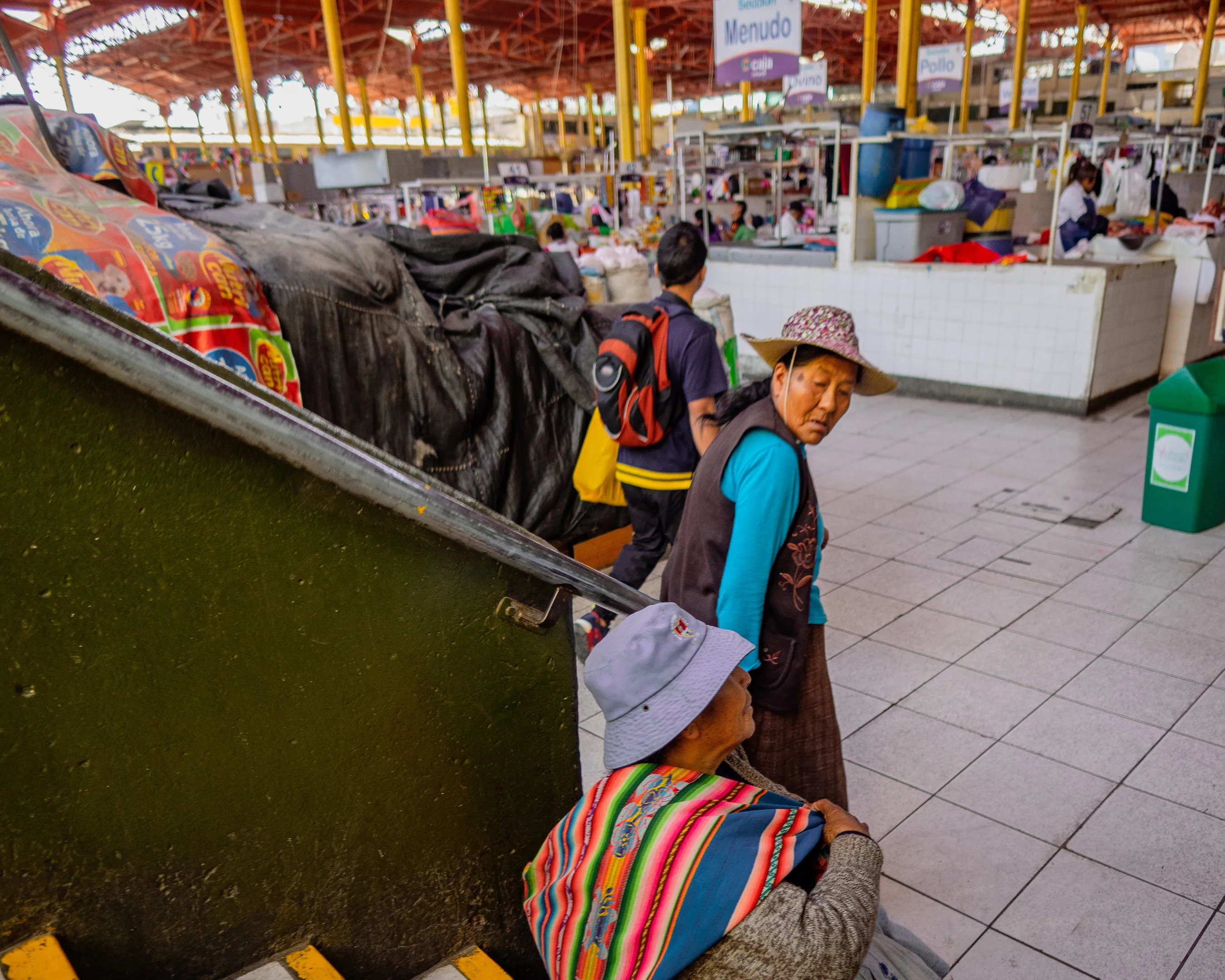 Two women at a bustling market, one carrying a colorful striped bag, another with a green cart.