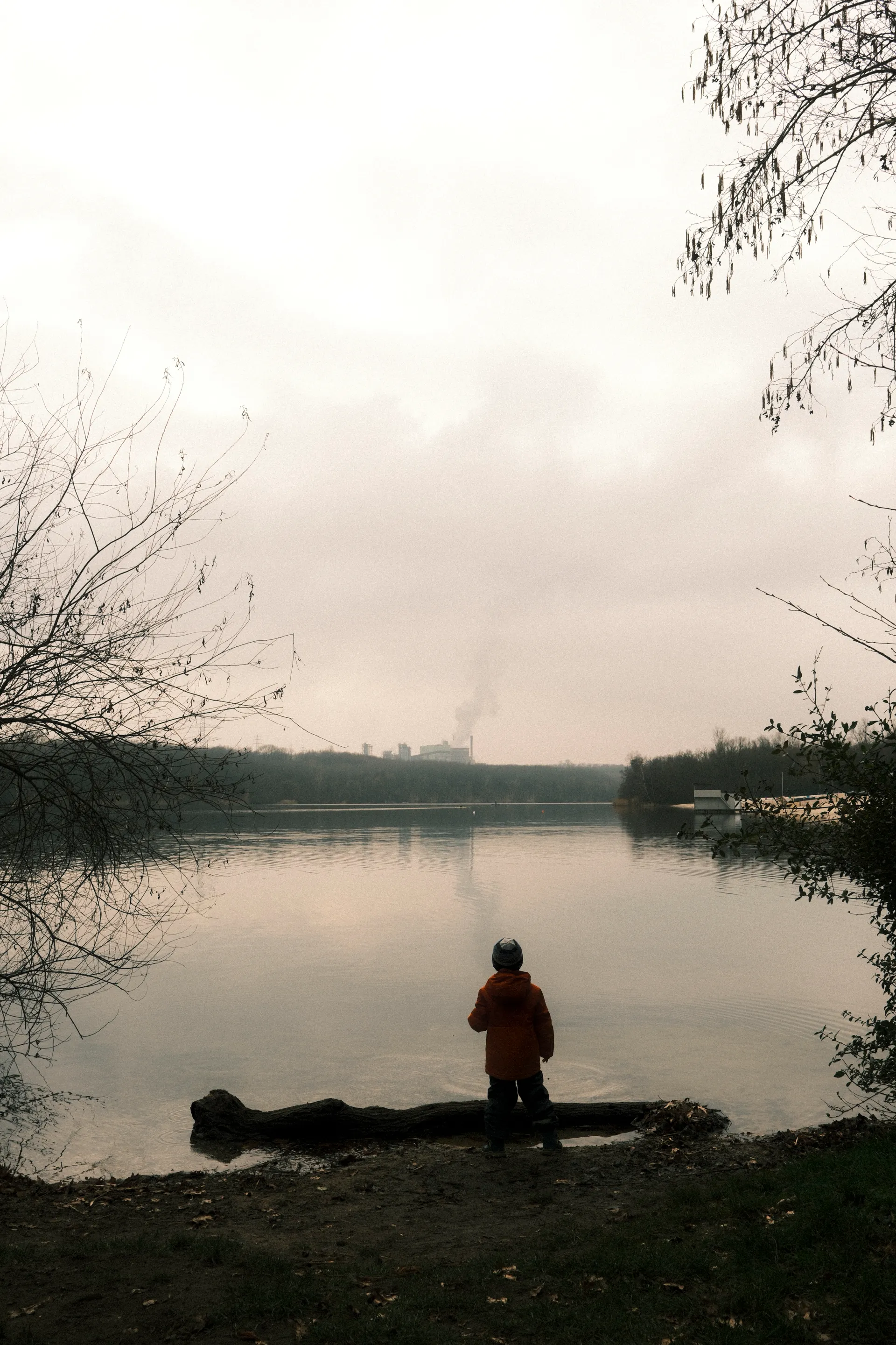 A person in an orange jacket stands by a calm lake at sunset, with bare trees framing the scene.