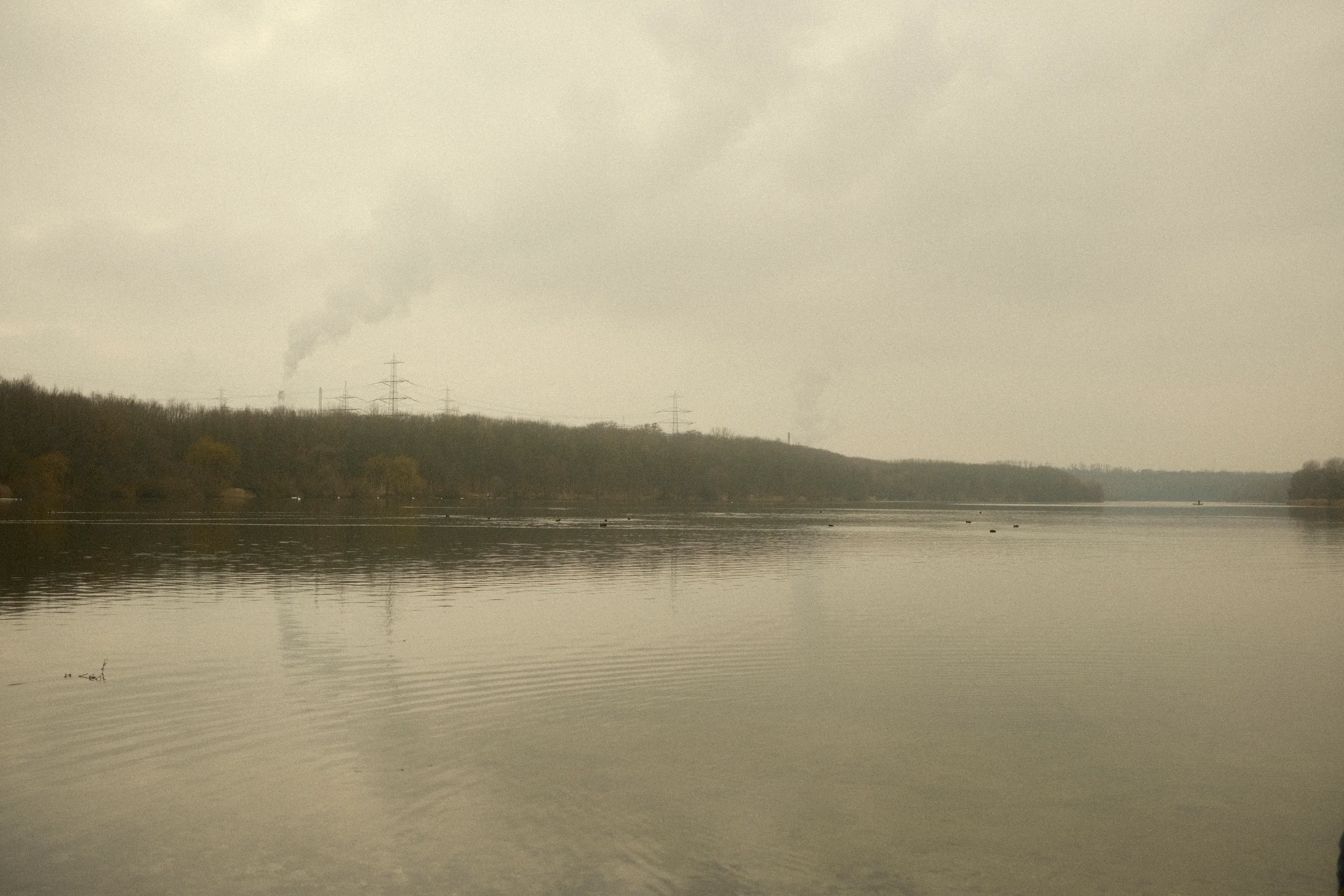 Calm lake with trees in background, smoke from distant chimneys on overcast day