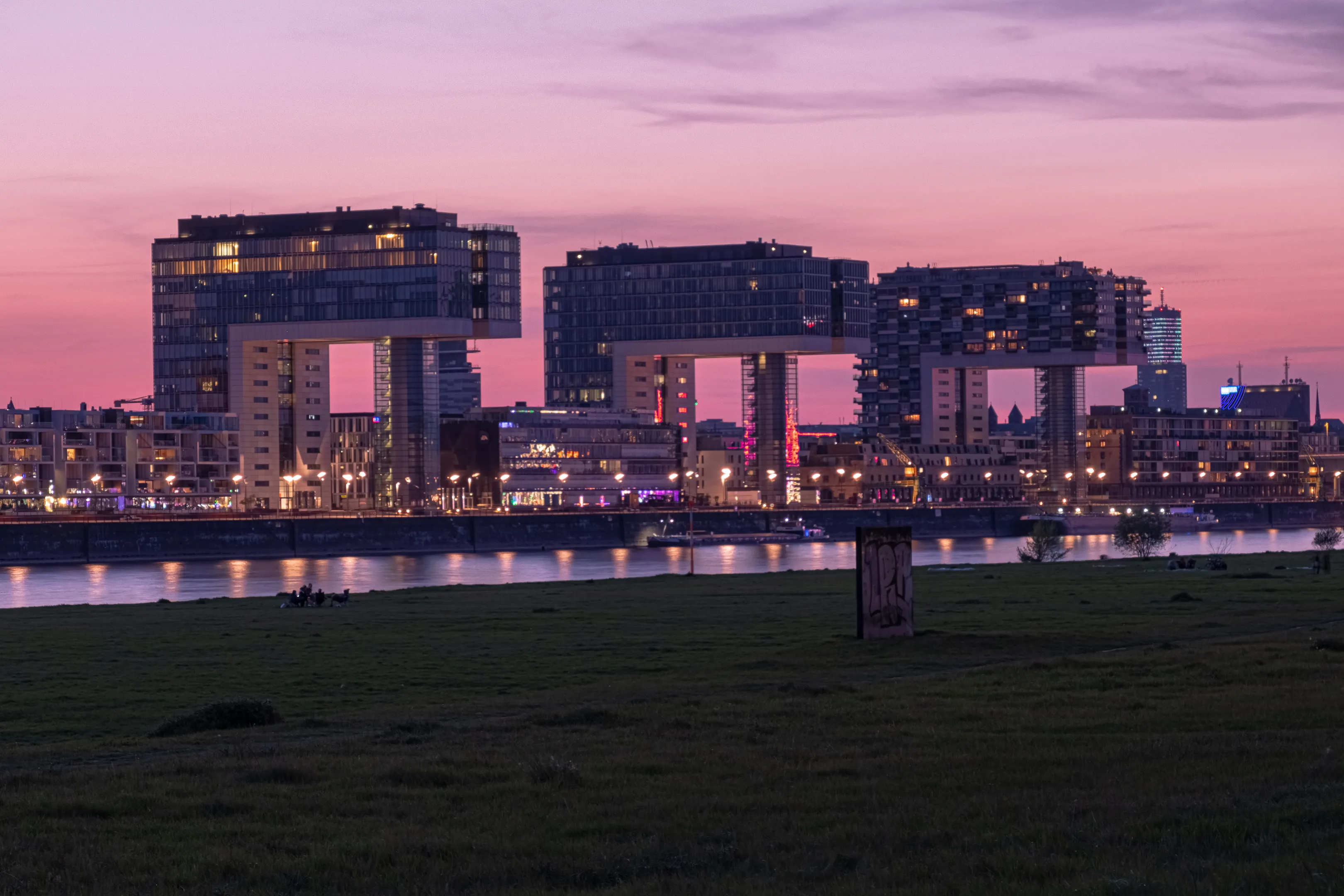 Cityscape at dusk with modern buildings, river reflections, and grassy foreground.