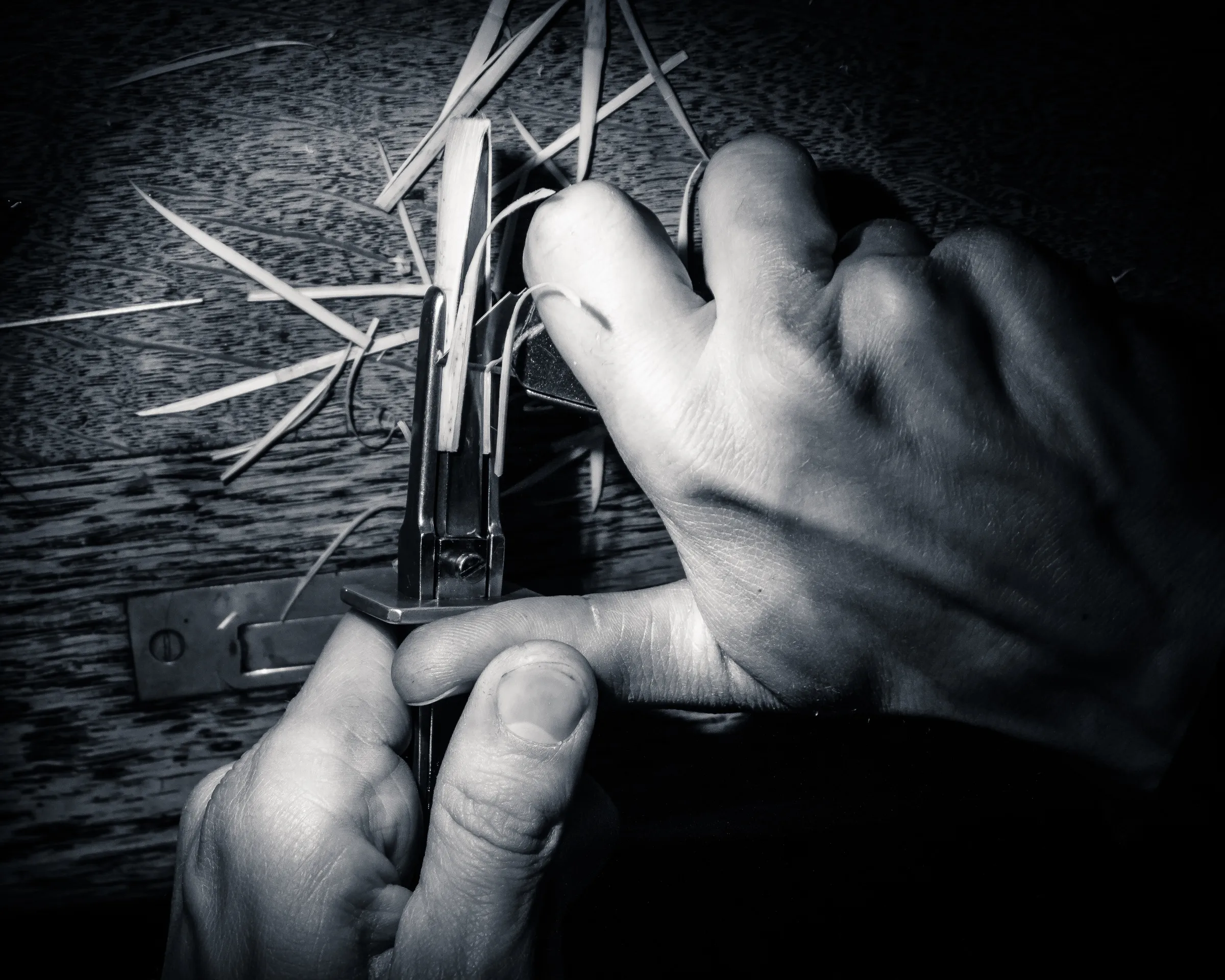 Hands carefully threading a needle with white thread in a dimly lit room, black and white.