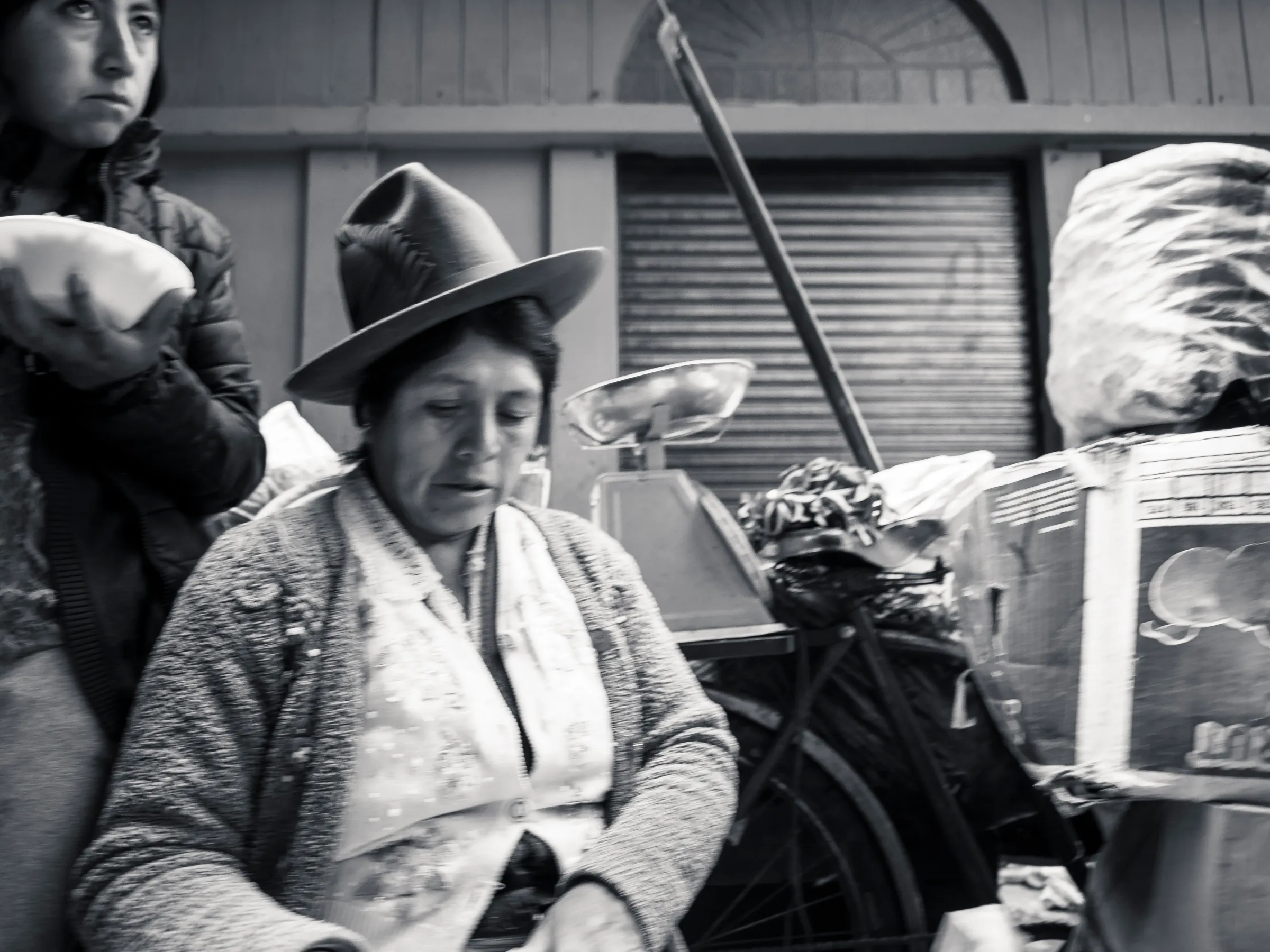 Woman in hat sits on bicycle with baskets, another person stands nearby.