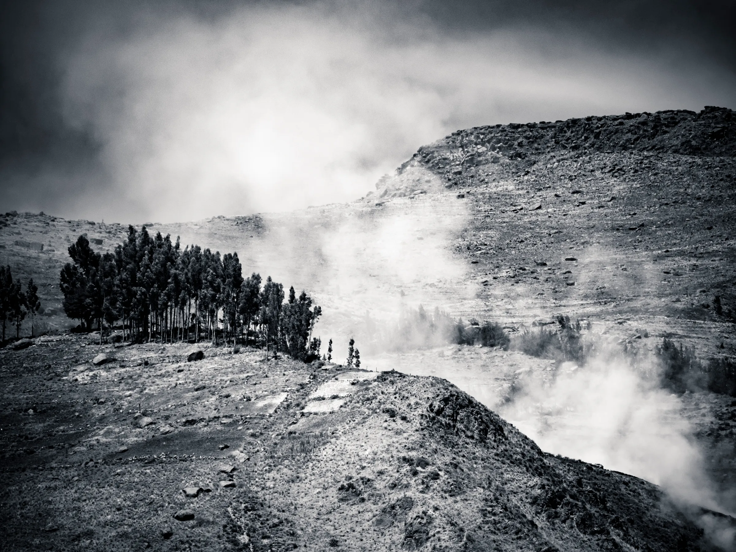 Two people hiking along a foggy mountain trail, trees on one side, steep drop on the other.
