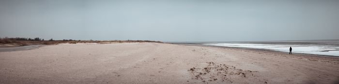 A solitary figure walking along a vast, empty beach with the ocean on the horizon.