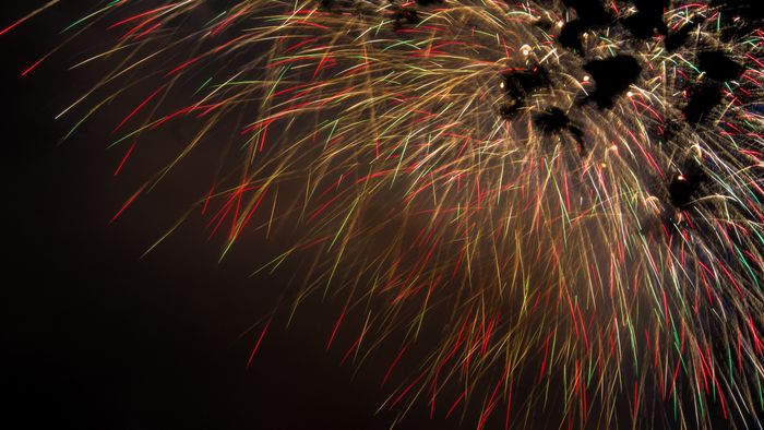 Colorful fireworks bursting against a dark night sky, with red, yellow, and green streaks radiating outward.