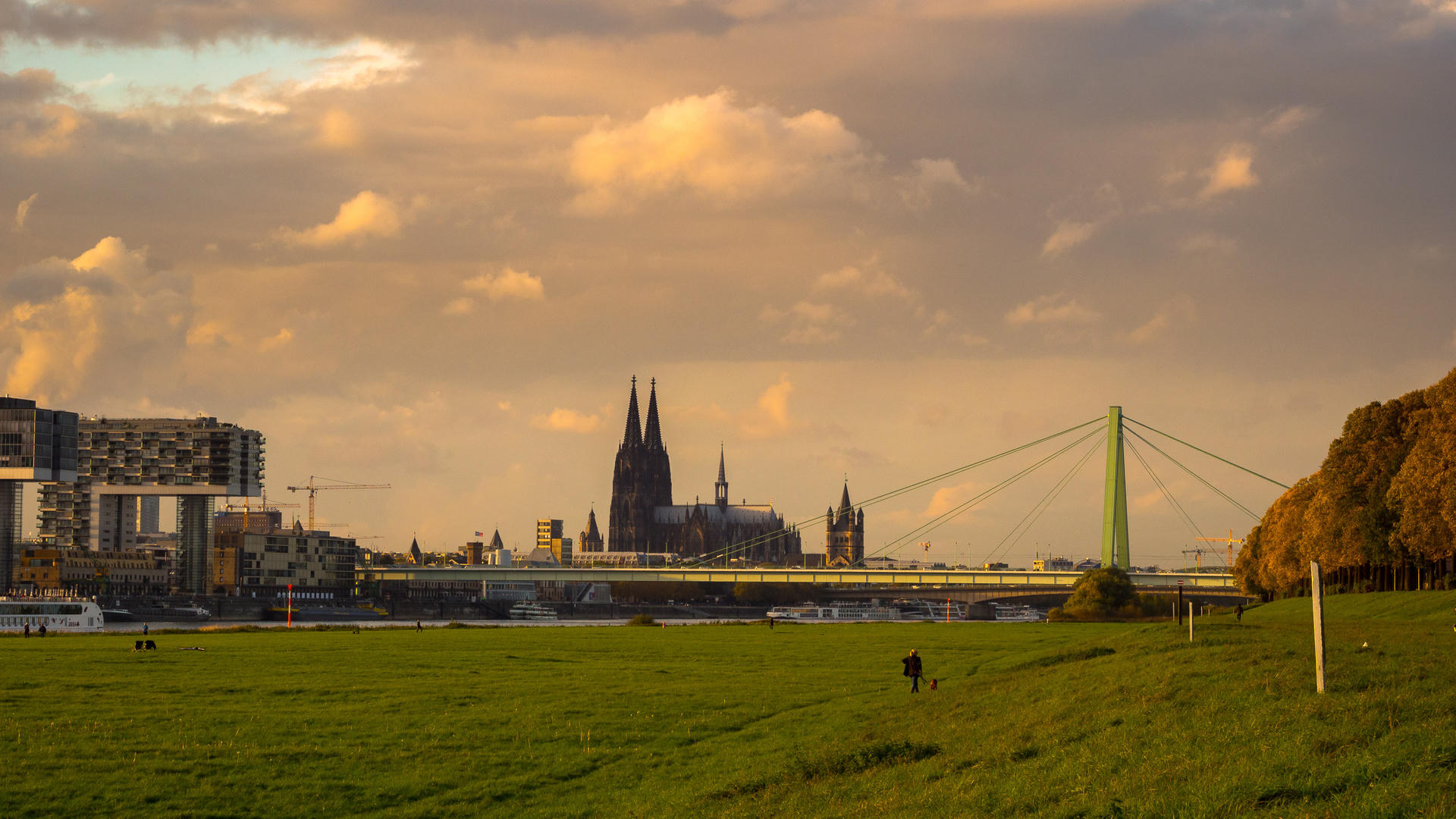 Sunset over city skyline with two prominent spires, a green suspension bridge, and a grassy field in foreground.