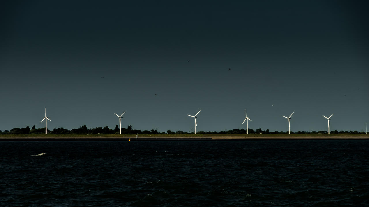 Five wind turbines on a dark, horizontal line against a starry night sky and calm water.
