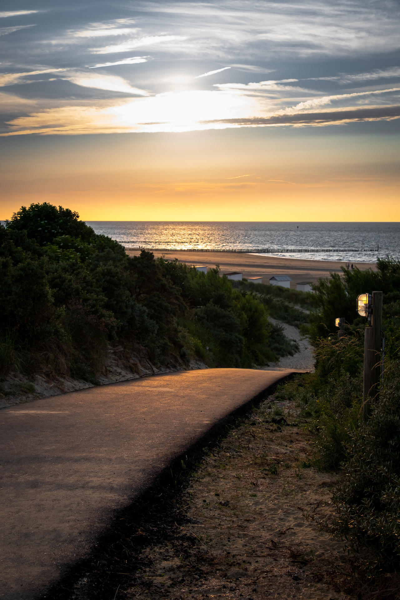 A winding path leads to a beach at sunset with golden light reflecting on the water, clouds scattered in the sky.