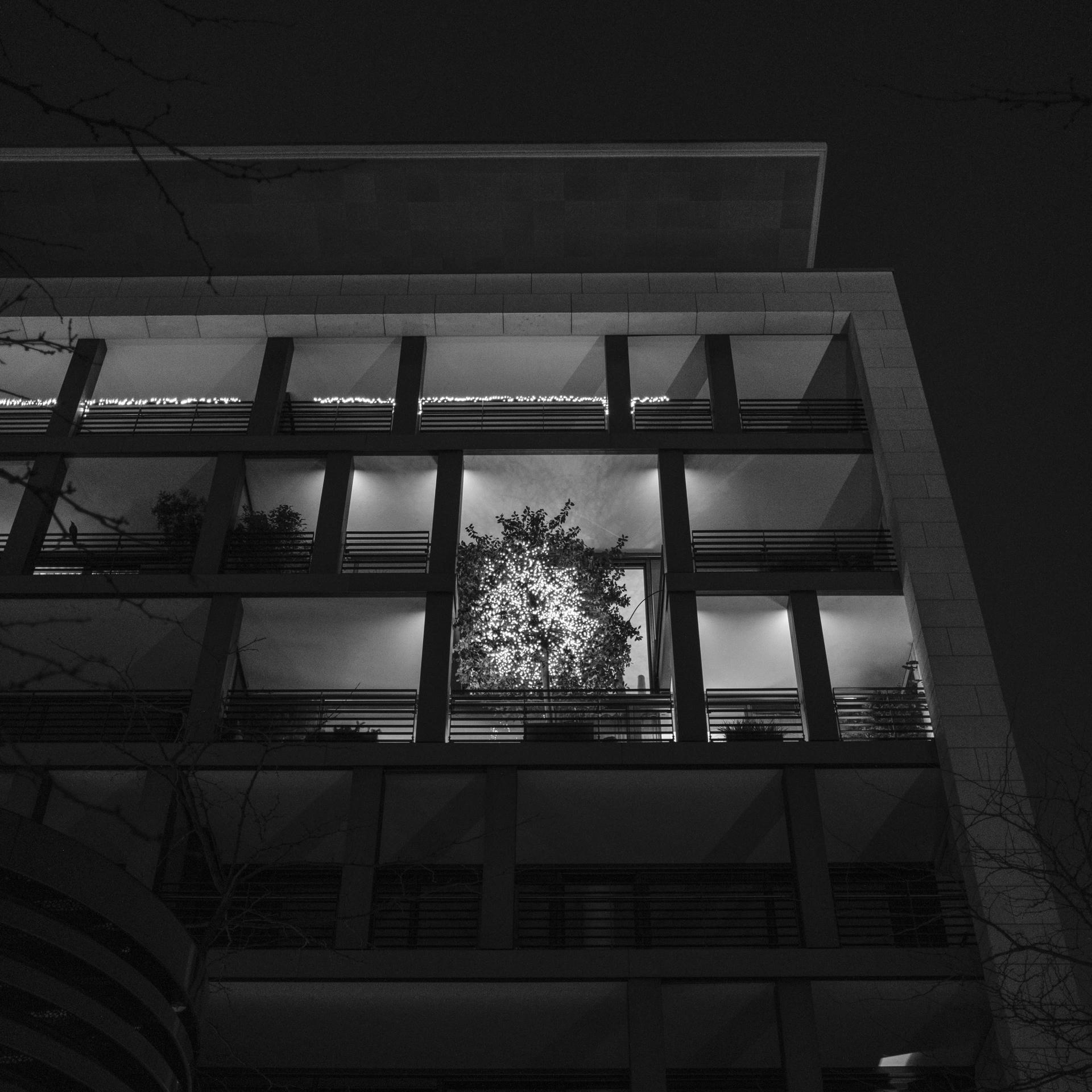 Modern building with illuminated windows at night, trees visible through the glass.
