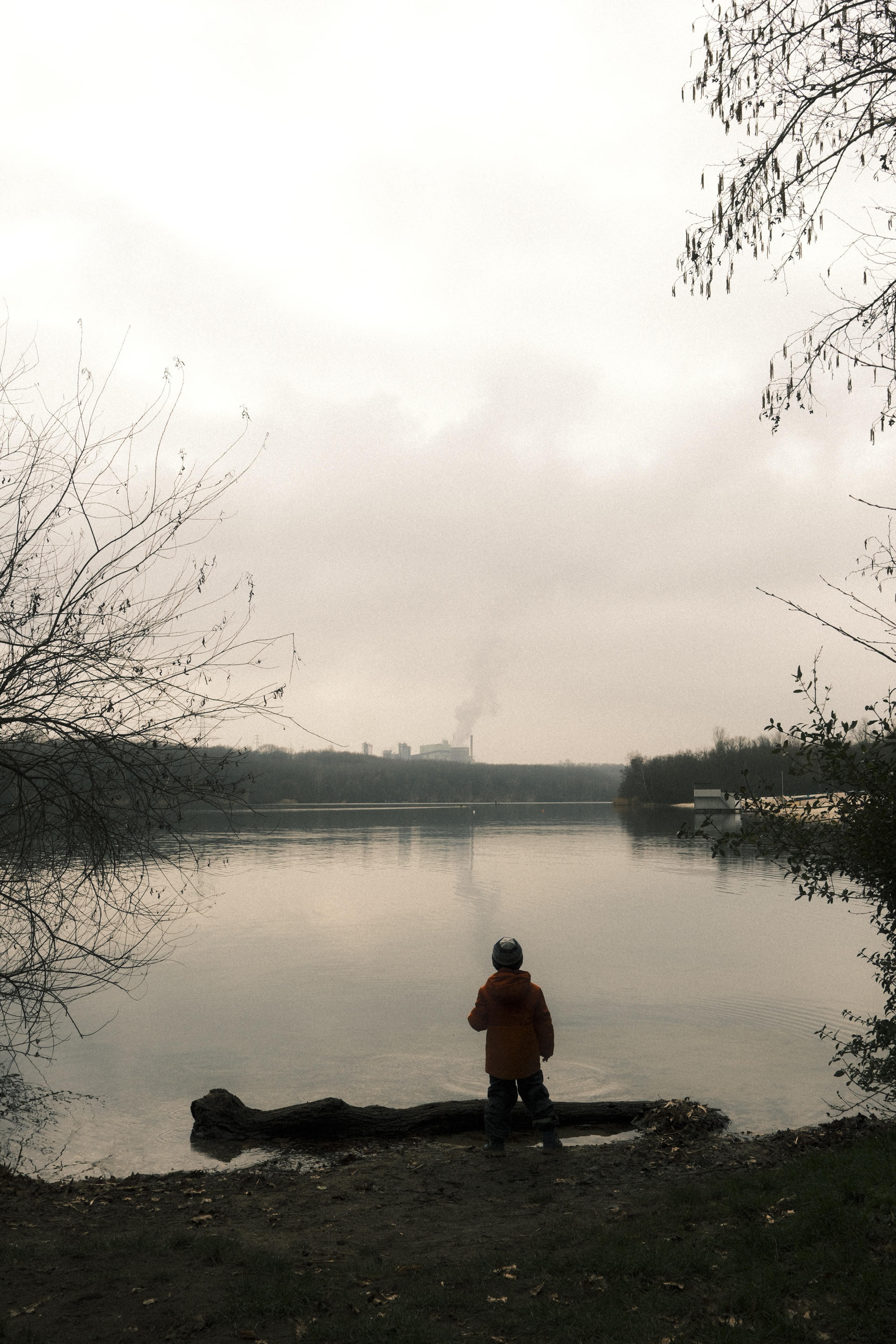 A person in an orange jacket stands by a calm lake at sunset, with bare trees framing the scene.