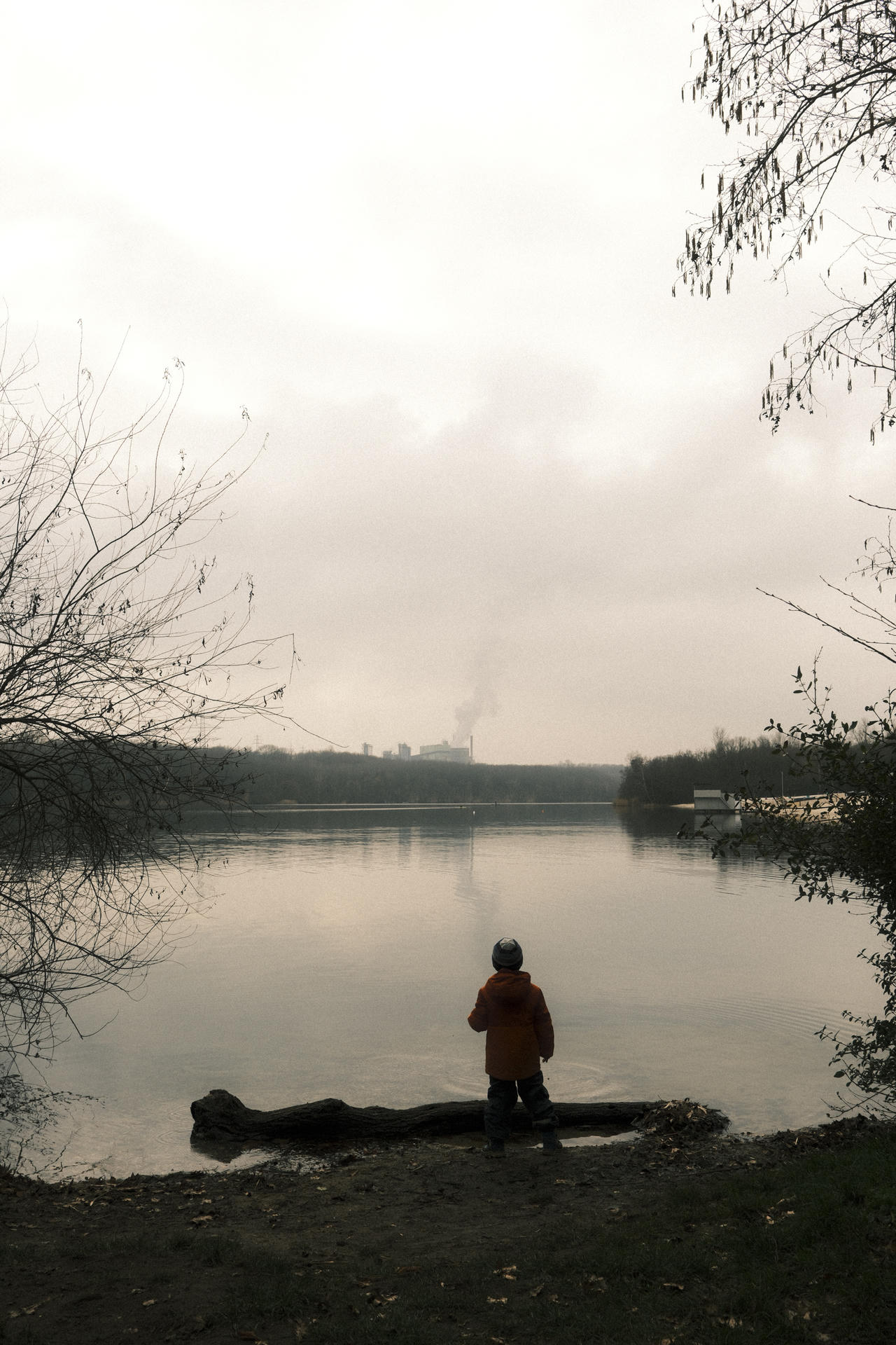 A person in an orange jacket stands by a calm lake at sunset, with bare trees framing the scene.