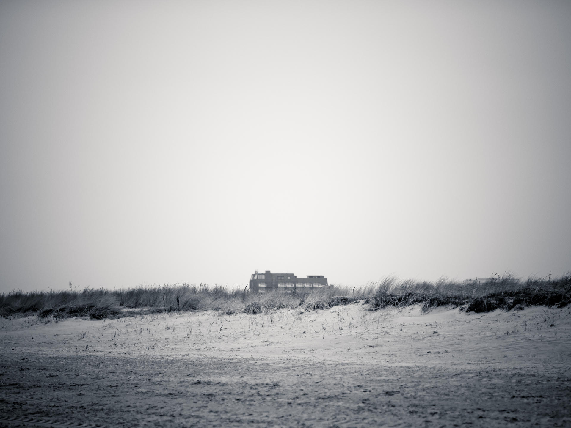 Black and white beach scene with lone house in distance, dunes in foreground.