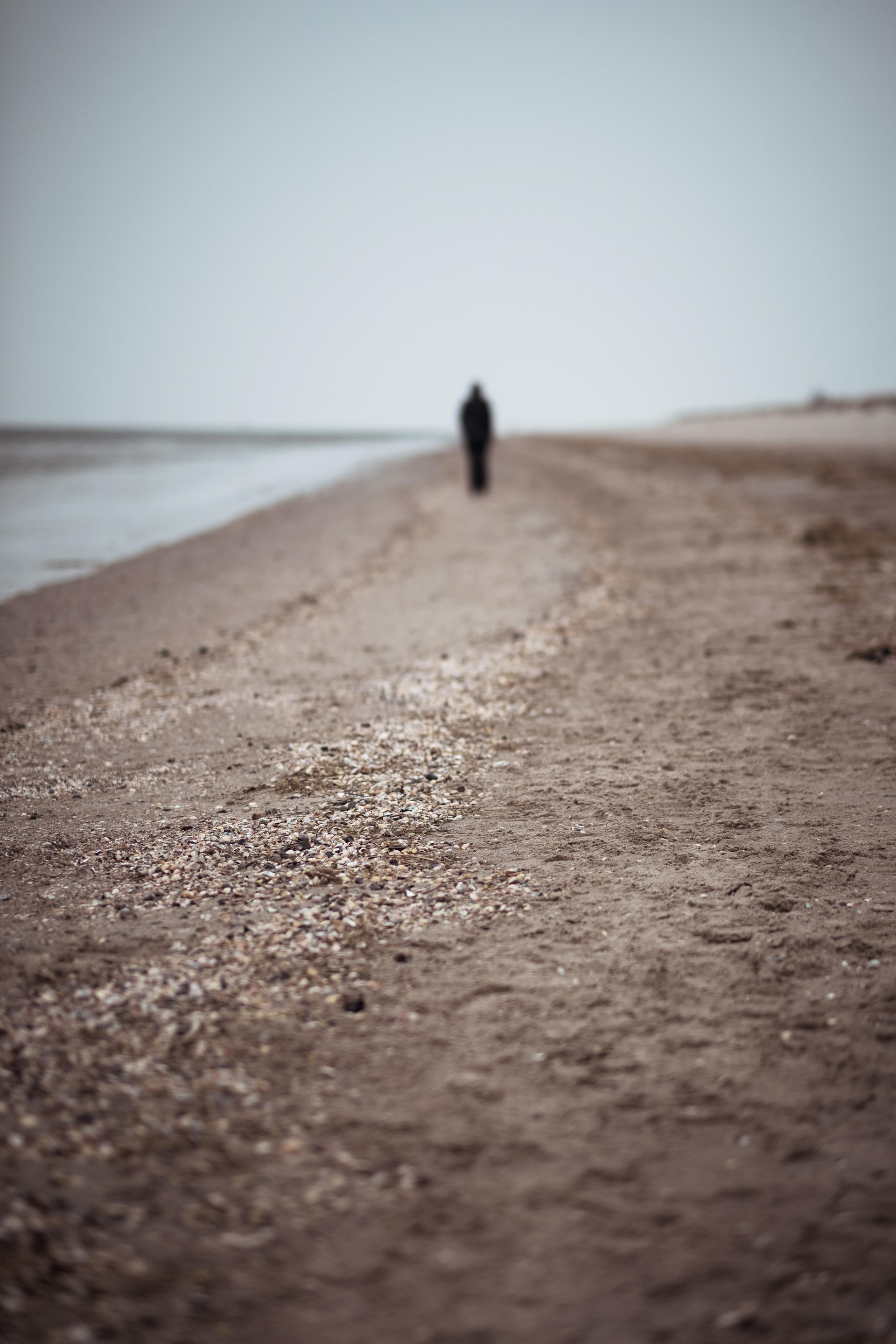 A solitary figure walking along an empty, pebbled beach with the sea on one side and a blurred background.