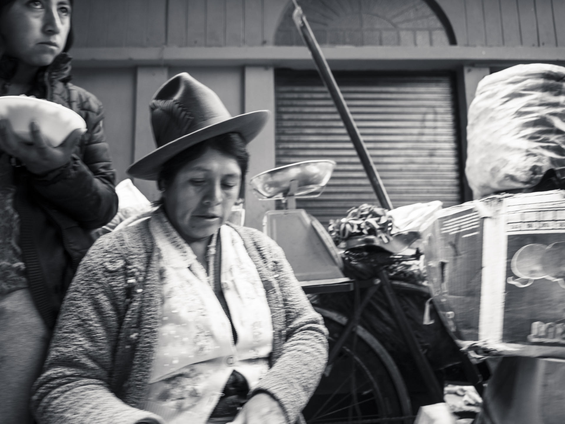 Woman in hat sits on bicycle with baskets, another person stands nearby.