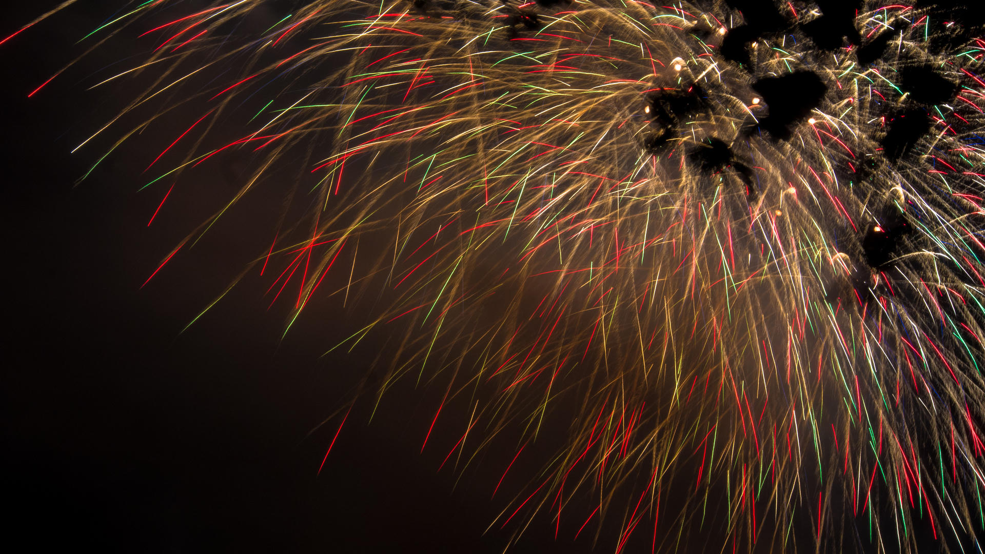 Colorful fireworks bursting against a dark night sky, with red, yellow, and green streaks radiating outward.