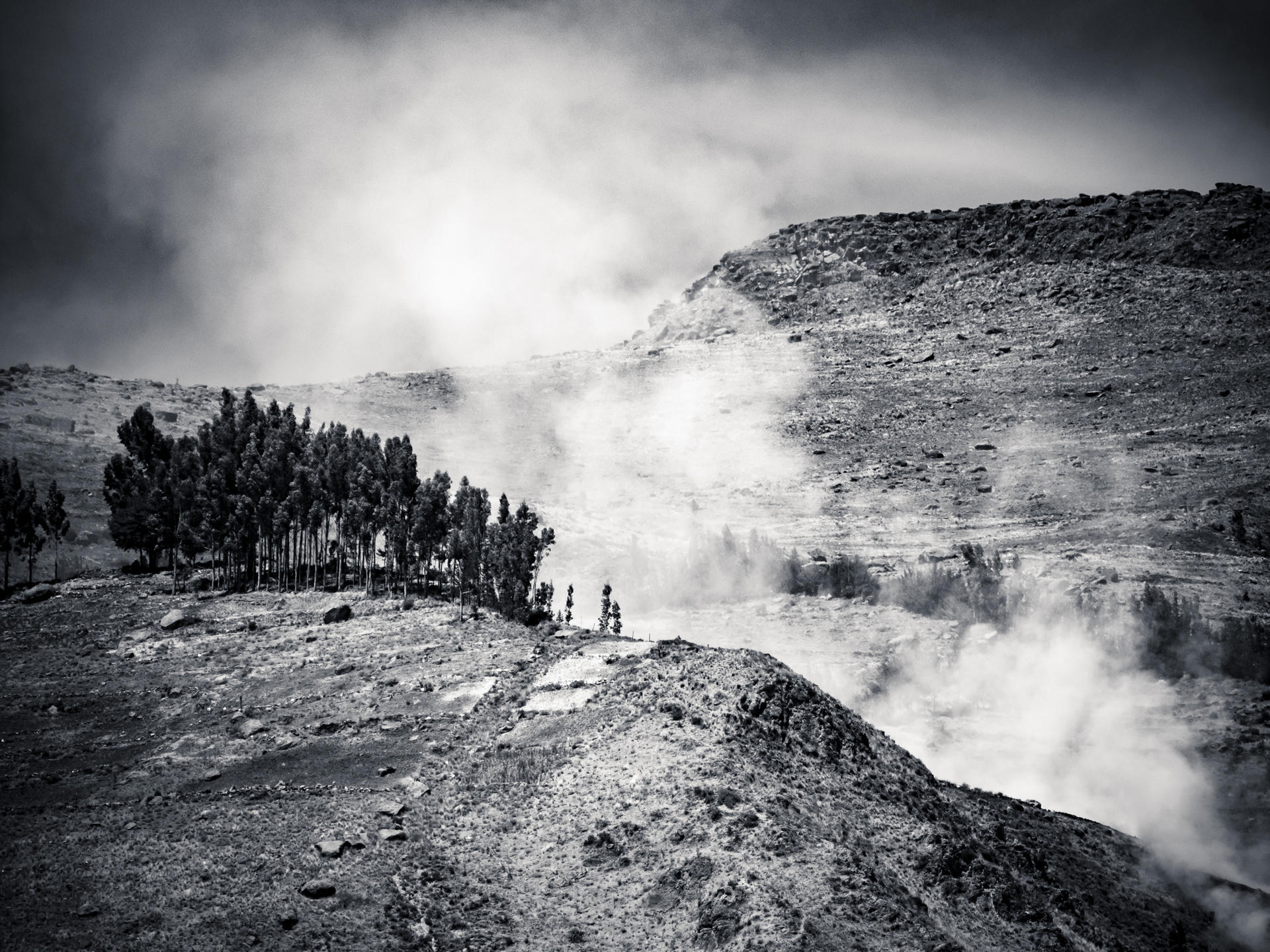 Two people hiking along a foggy mountain trail, trees on one side, steep drop on the other.